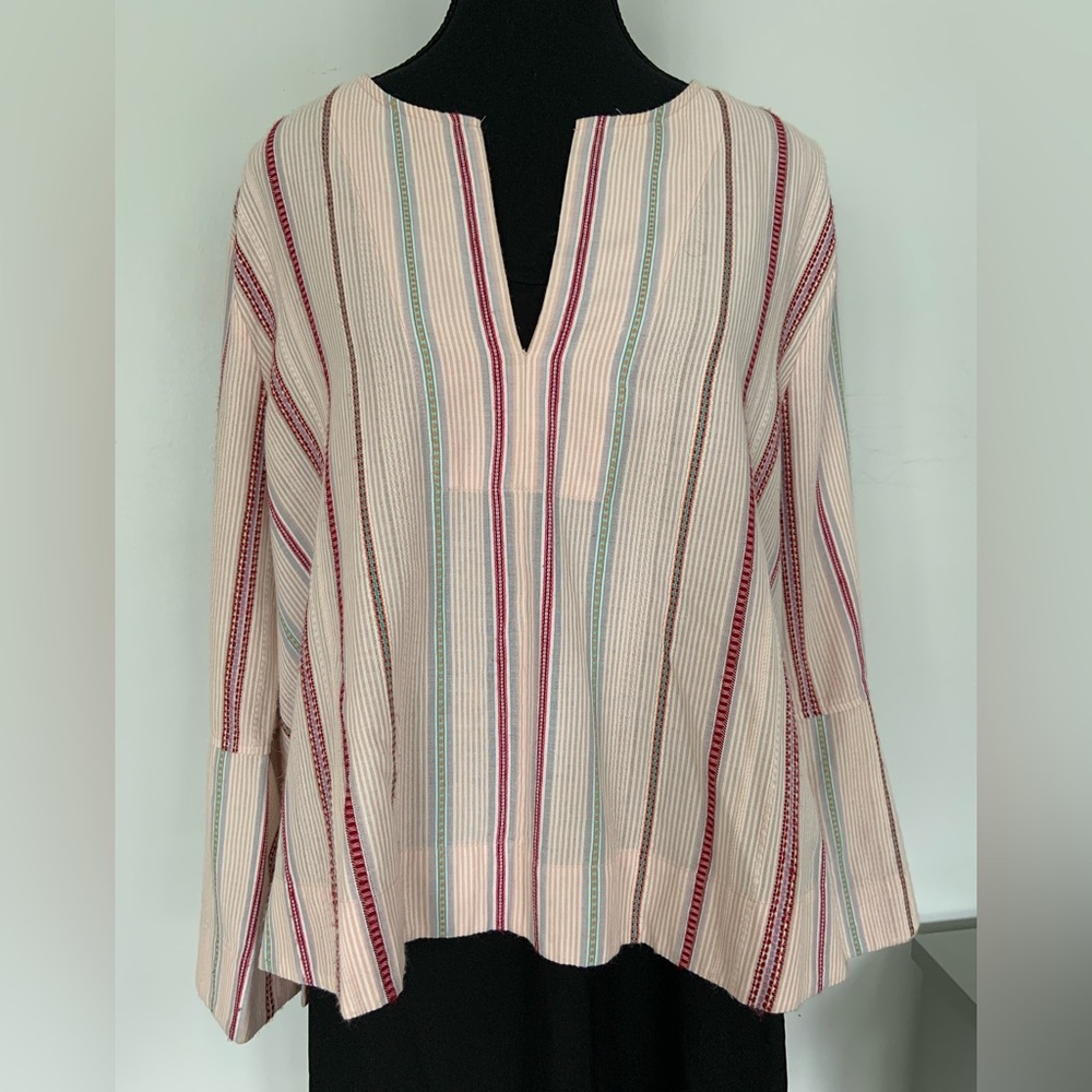 BCBG MAX AZRIA STRIPED PINK COTTON BLEND BOHO TOP WITH BELL SLEEVES / Large